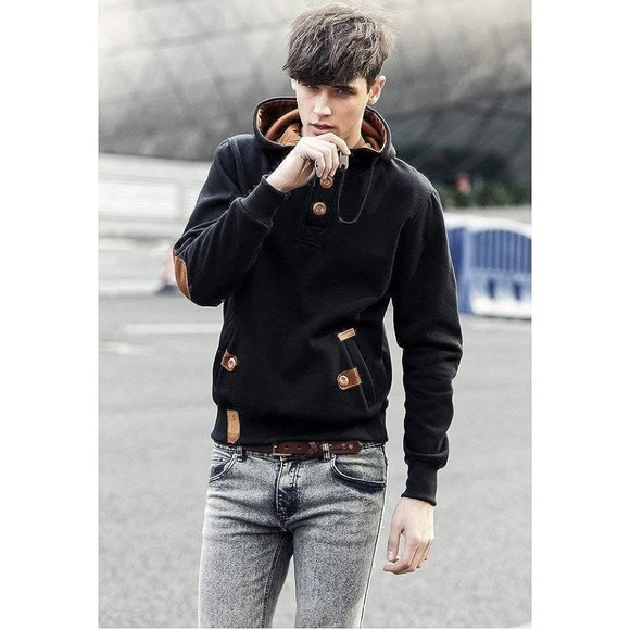 Hoodie Sweatshirt Mens‎ Small Slim Fit Black Button-up Fleece YuKaiChen - Picture 1 of 16